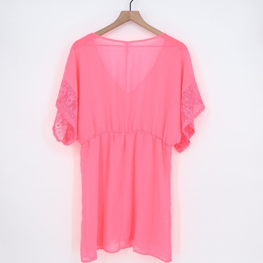 Xhilaration Neon Pink Crochet Lace V-Neck Swim Cover Up Tunic Dress Large KLB