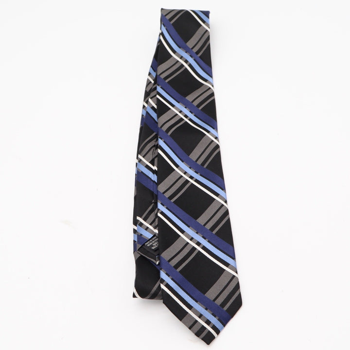 George Necktie Mens OS Plaid Black Blue Grey White Silk Classic Excellent
