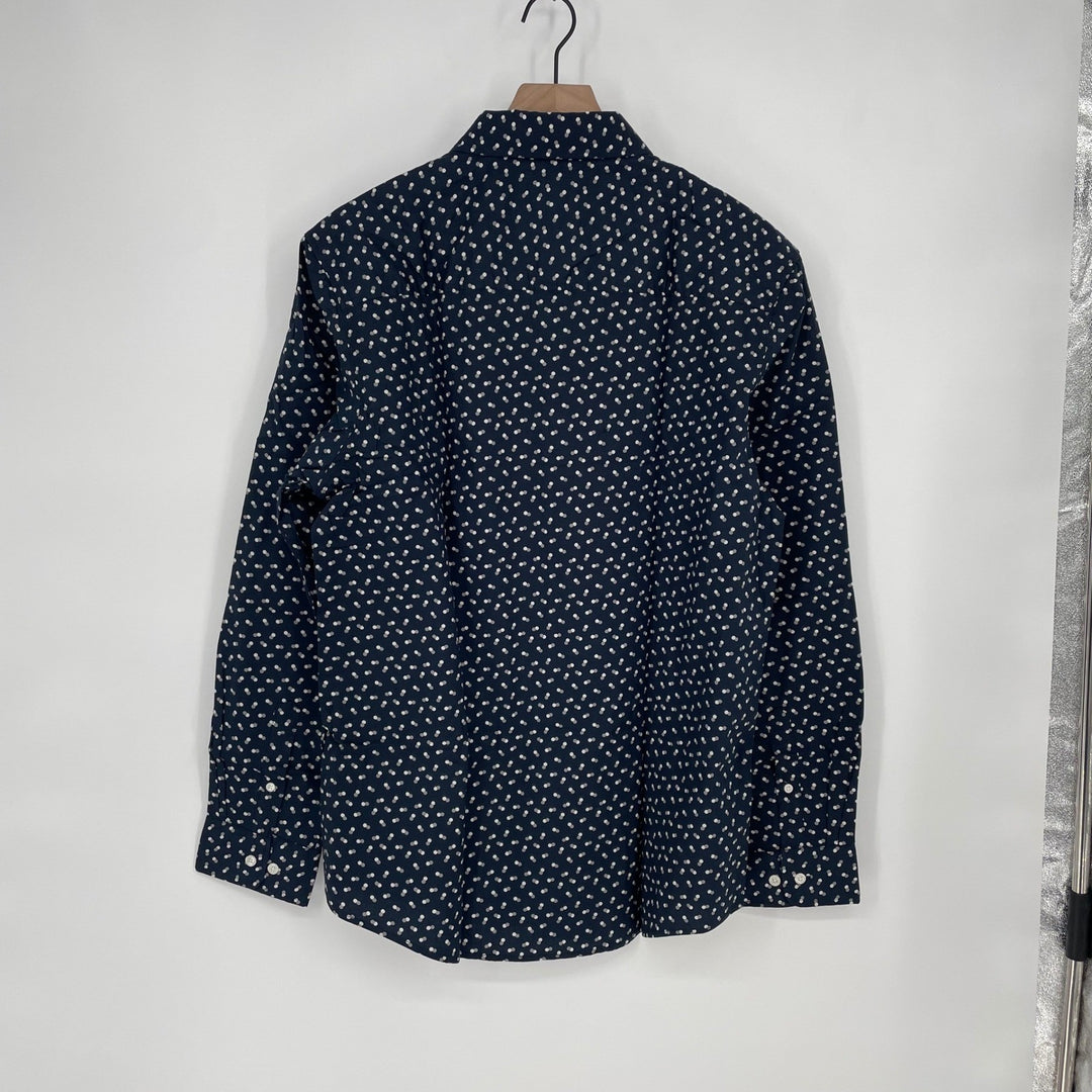 JULIAN MARK L Tall Navy Blue Abstract Dot Print Long Sleeve Button Down Stretch
