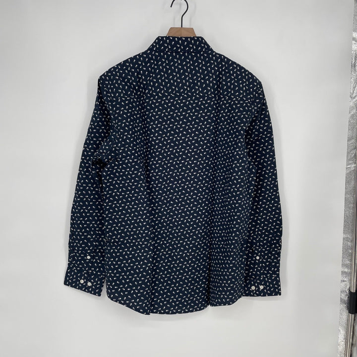 JULIAN MARK L Tall Navy Blue Abstract Dot Print Long Sleeve Button Down Stretch