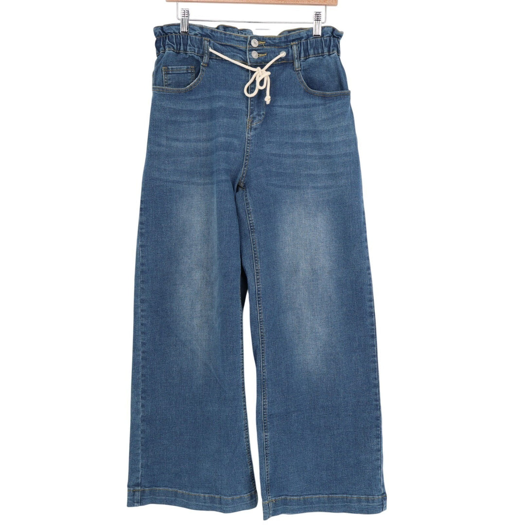Jeans Womens L Blue Denim Cotton Stretch Mid Rise Drawstring High Waist Wide Leg