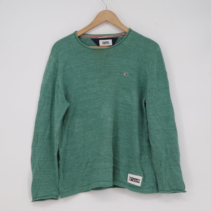 Tommy Jeans Mens XS Green Heathered Cotton Knit Crew Neck Logo Sweater