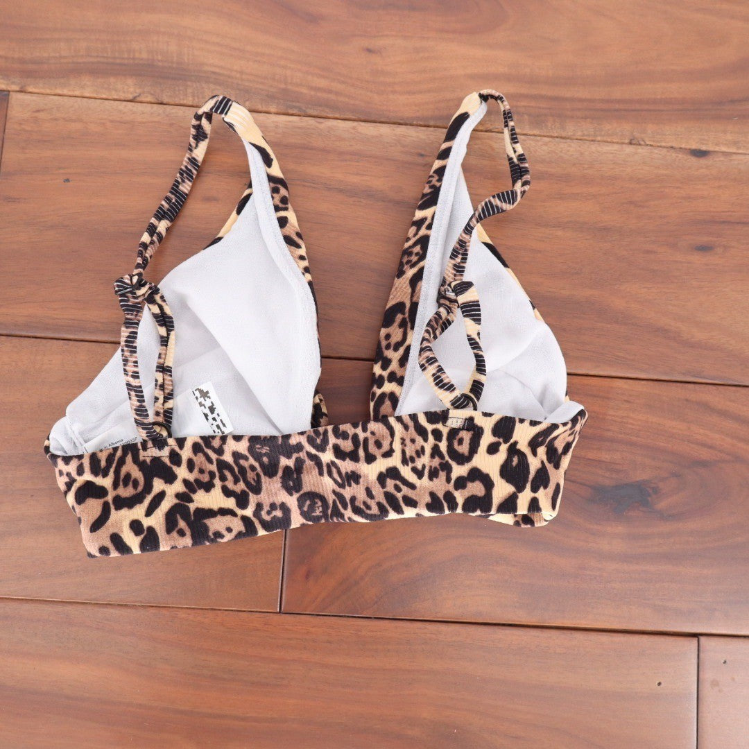 ASOS DESIGN Leopard Print Rib High Leg Thong Bikini Top US Size 4 UK 8