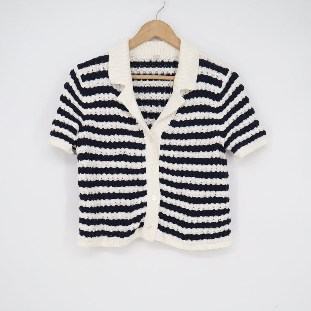 Old Navy Petite Small Navy Blue White Striped Pointelle Knit Cardigan Sweater