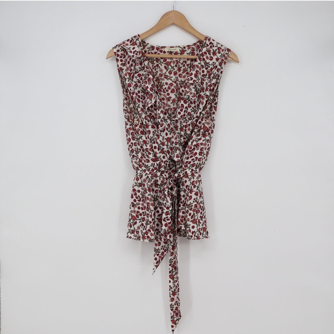 Max Studio Blouse Women's XL Cream Red Floral Ruffle Tie Waist Excellent