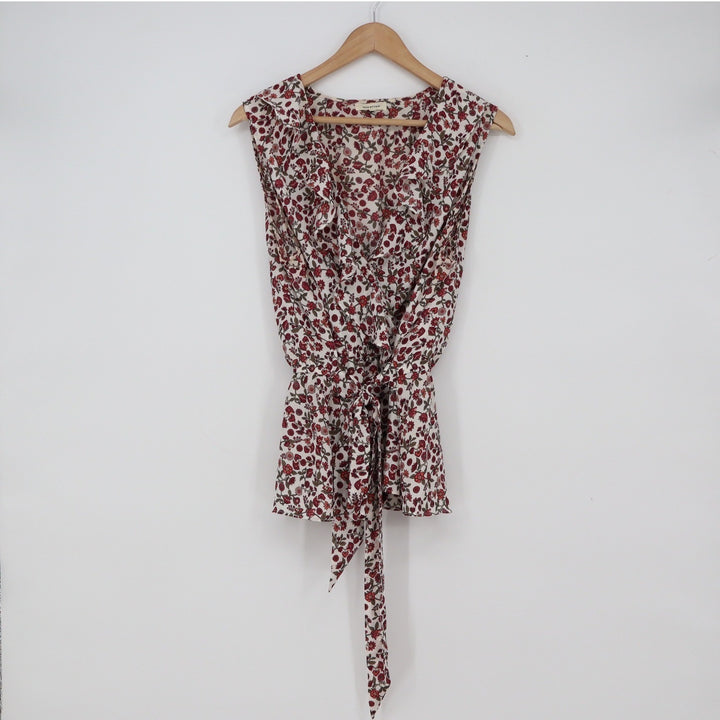 Max Studio Blouse Women's XL Cream Red Floral Ruffle Tie Waist Excellent