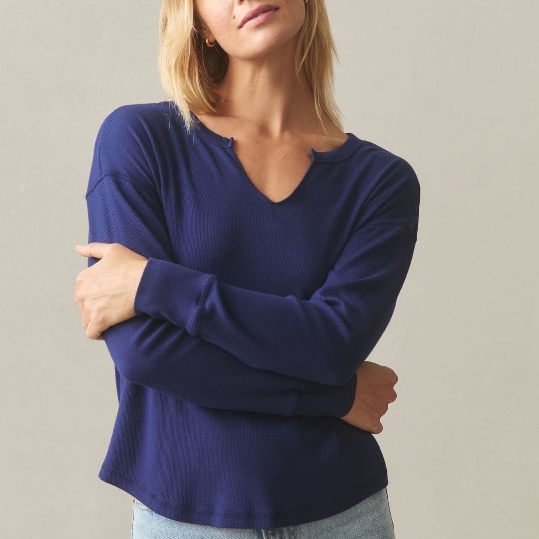 American Giant Luxe Rib Women's Large Blueprint V-Notch Long Sleeve Pullover