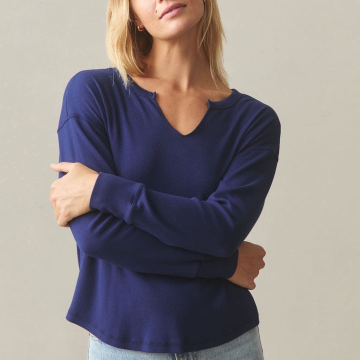 American Giant Luxe Rib Women's Large Blueprint V-Notch Long Sleeve Pullover