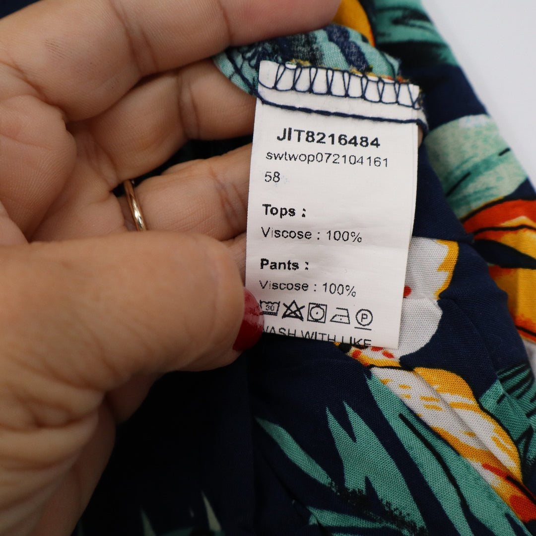 SHEIN Tropical Floral Wide Leg Pants Navy Blue Palm Leaf Summer Viscose Size M