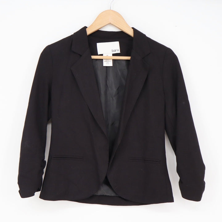 Bar III Blazer Womens Small MJW-216 Black Ruched 3/4 Sleeve Open Front Excellent