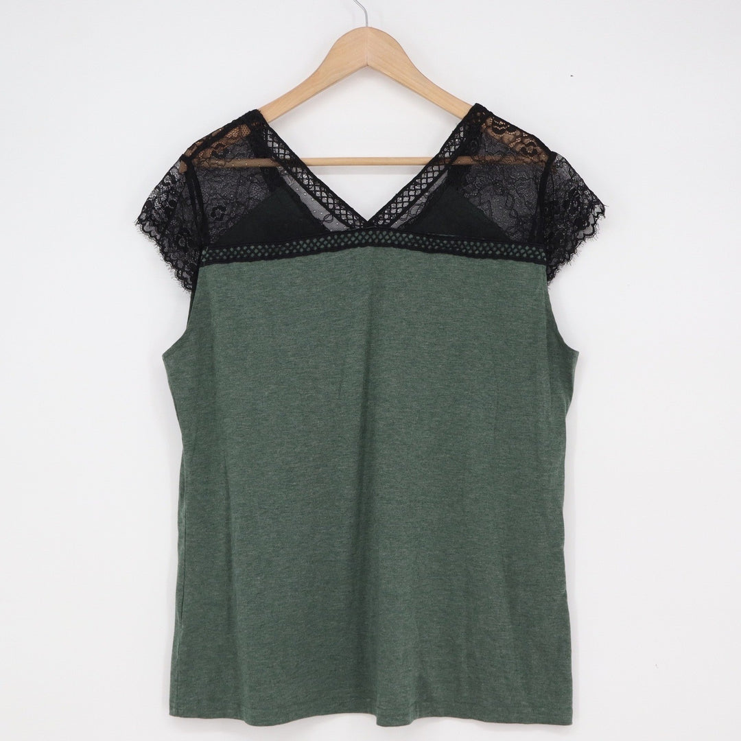 Unbranded Olive Green Lace Trim V-Neck Short Sleeve Top XL Heathered