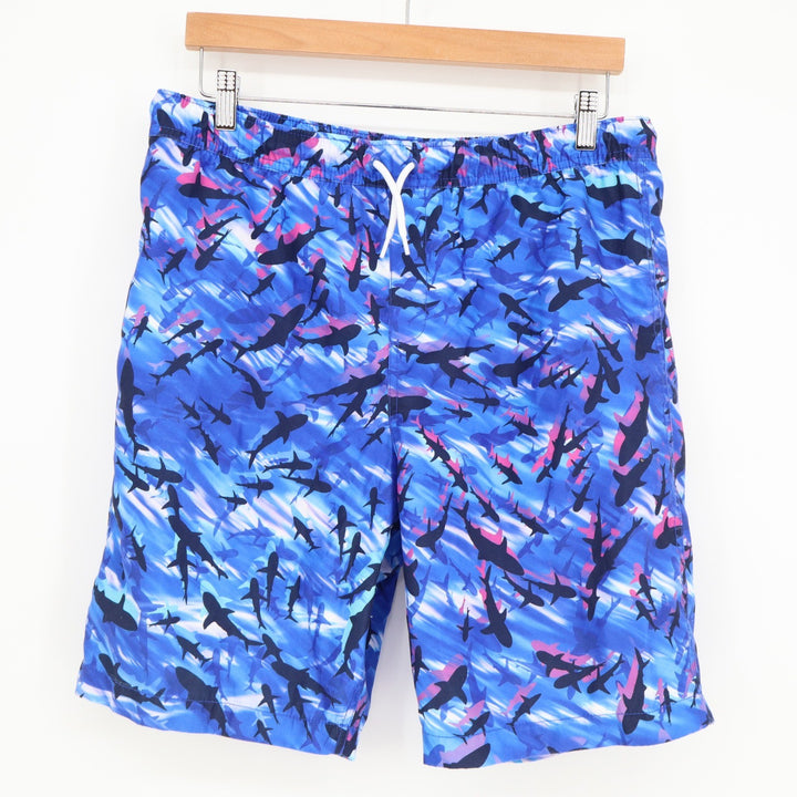 Lands' End Mens XXL Shark Print Swim Trunks Blue Pink Board Shorts