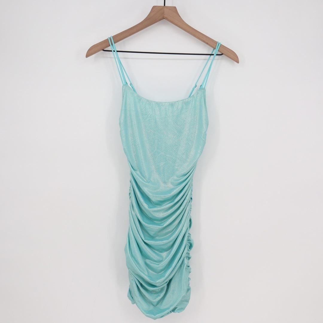 Lucy In The Sky Mini Dress Womens Small Aqua Ruched Scoop Neck Spaghetti Strap
