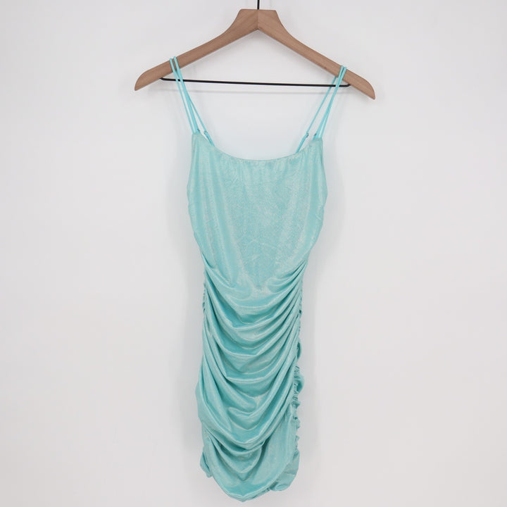 Lucy In The Sky Mini Dress Womens Small Aqua Ruched Scoop Neck Spaghetti Strap
