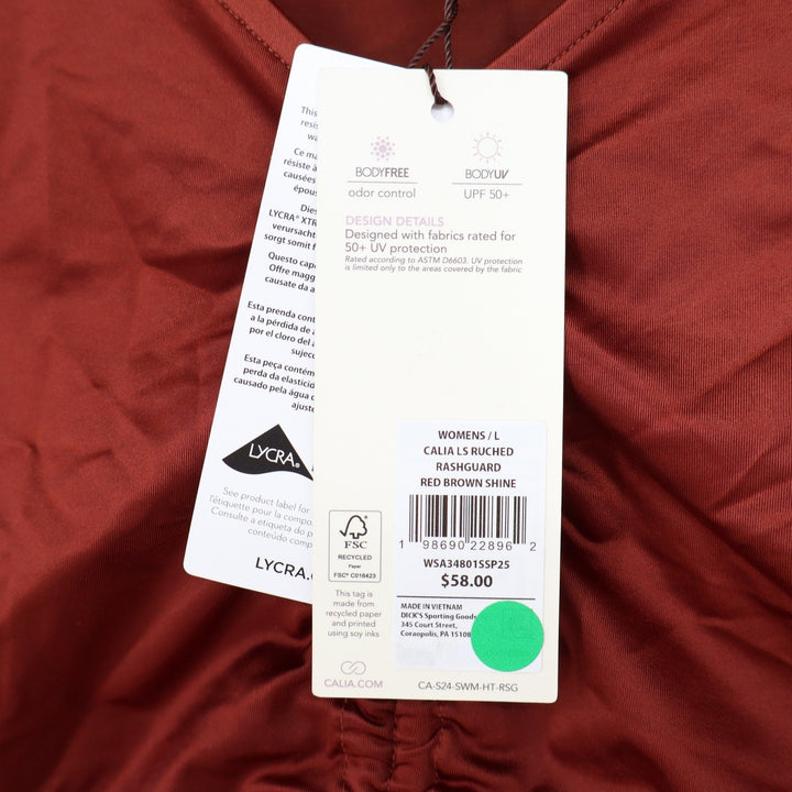 Calia Womens LS Ruched Rashguard Red Brown Shine Crop Swim Top L