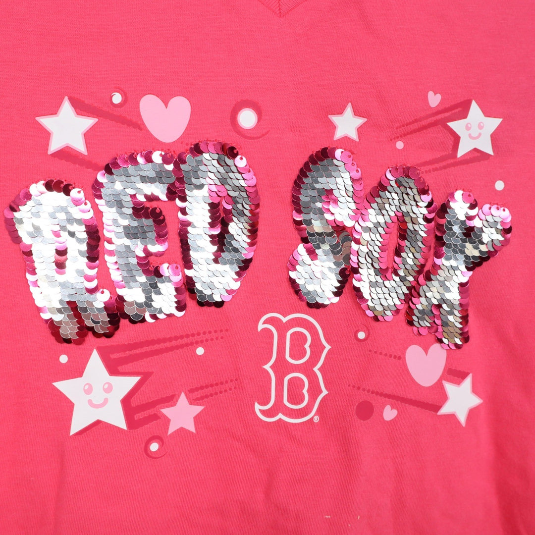 New Era Boston Red Sox Girls Pink Sequin V-Neck T-Shirt MLB Size 6/6X