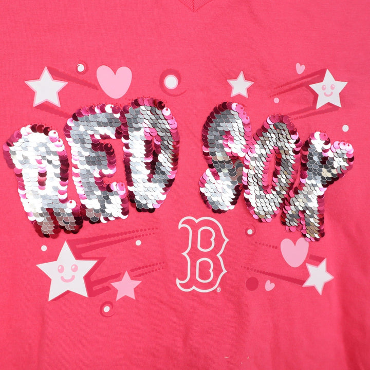 New Era Boston Red Sox Girls Pink Sequin V-Neck T-Shirt MLB Size 6/6X