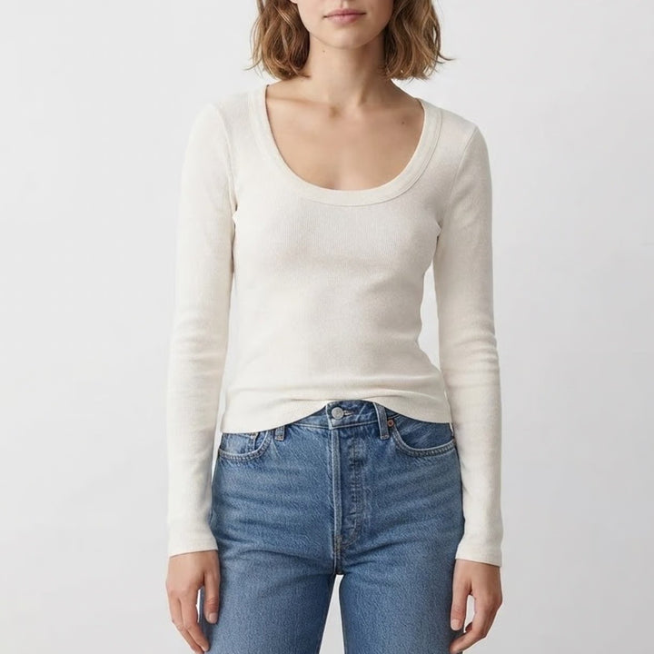 Old Navy Snug Ribbed Scoop Neck Long Sleeve Top White Cream Women's Medium