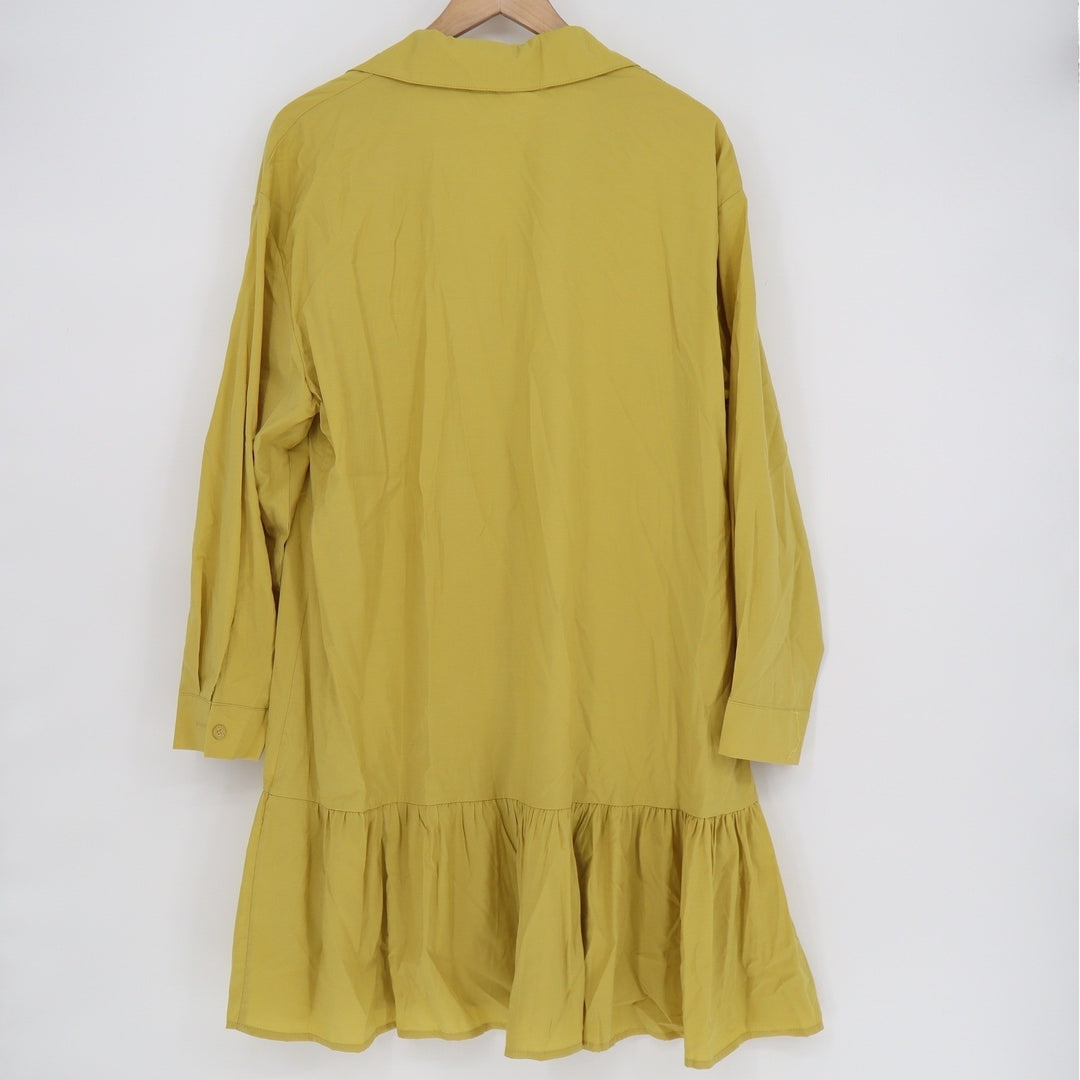 Fashion Mustard Yellow Ruffle Drop Waist Button Down Shirt Dress Large