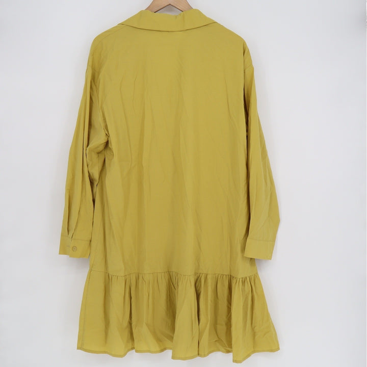 Fashion Mustard Yellow Ruffle Drop Waist Button Down Shirt Dress Large