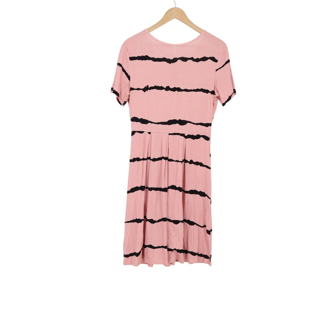 DouBCQ Dress Womens M Fit & Flare Pink Black Striped Pockets Short Sleeve NEW