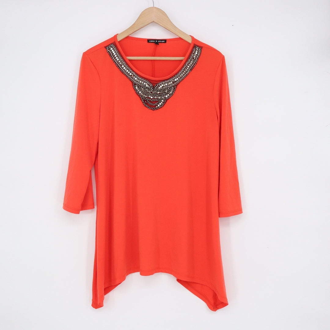 Cable & Gauge Orange Beaded Sharkbite Tunic Top XL 3/4 Sleeve Embellished Neck
