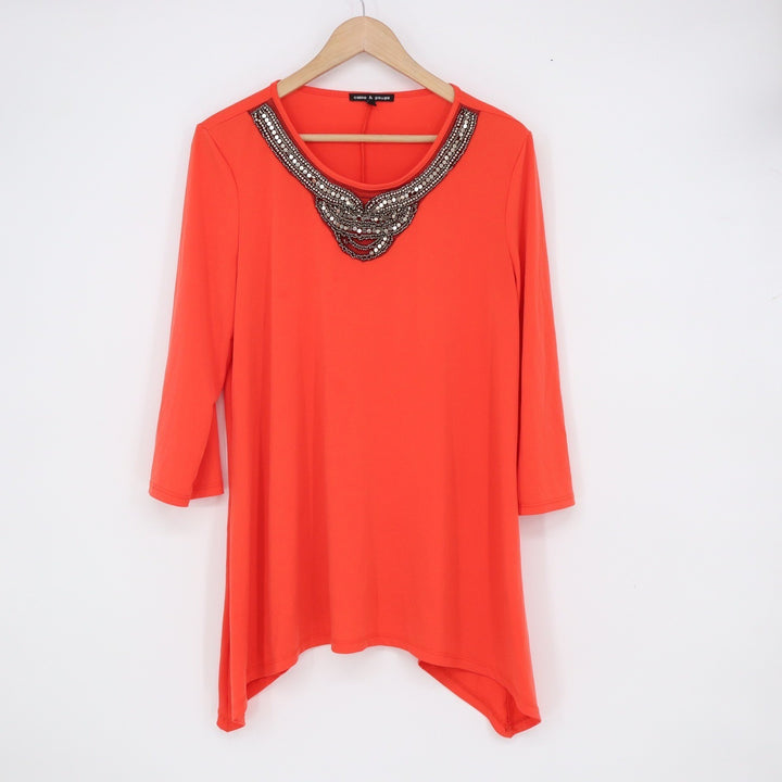 Cable & Gauge Orange Beaded Sharkbite Tunic Top XL 3/4 Sleeve Embellished Neck