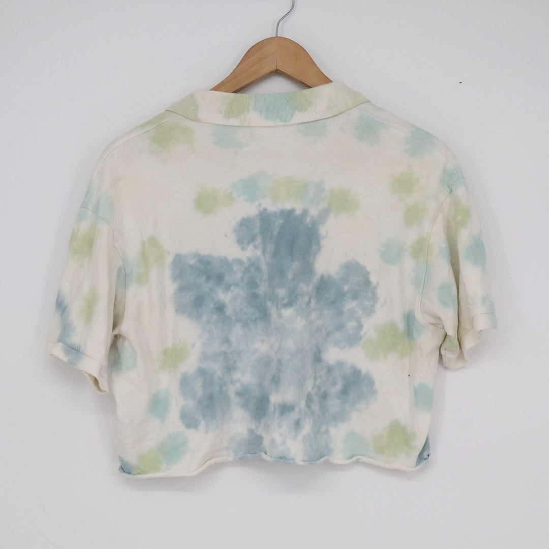 American Eagle Womens Small Blue Green Tie Dye Cropped Polo Shirt Raw Hem Cotton