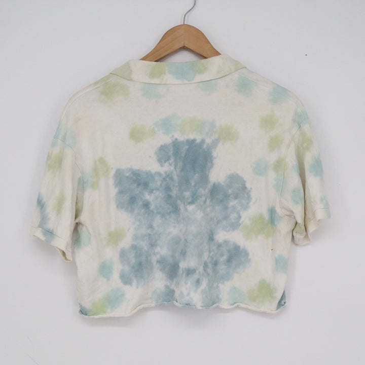 American Eagle Womens Small Blue Green Tie Dye Cropped Polo Shirt Raw Hem Cotton