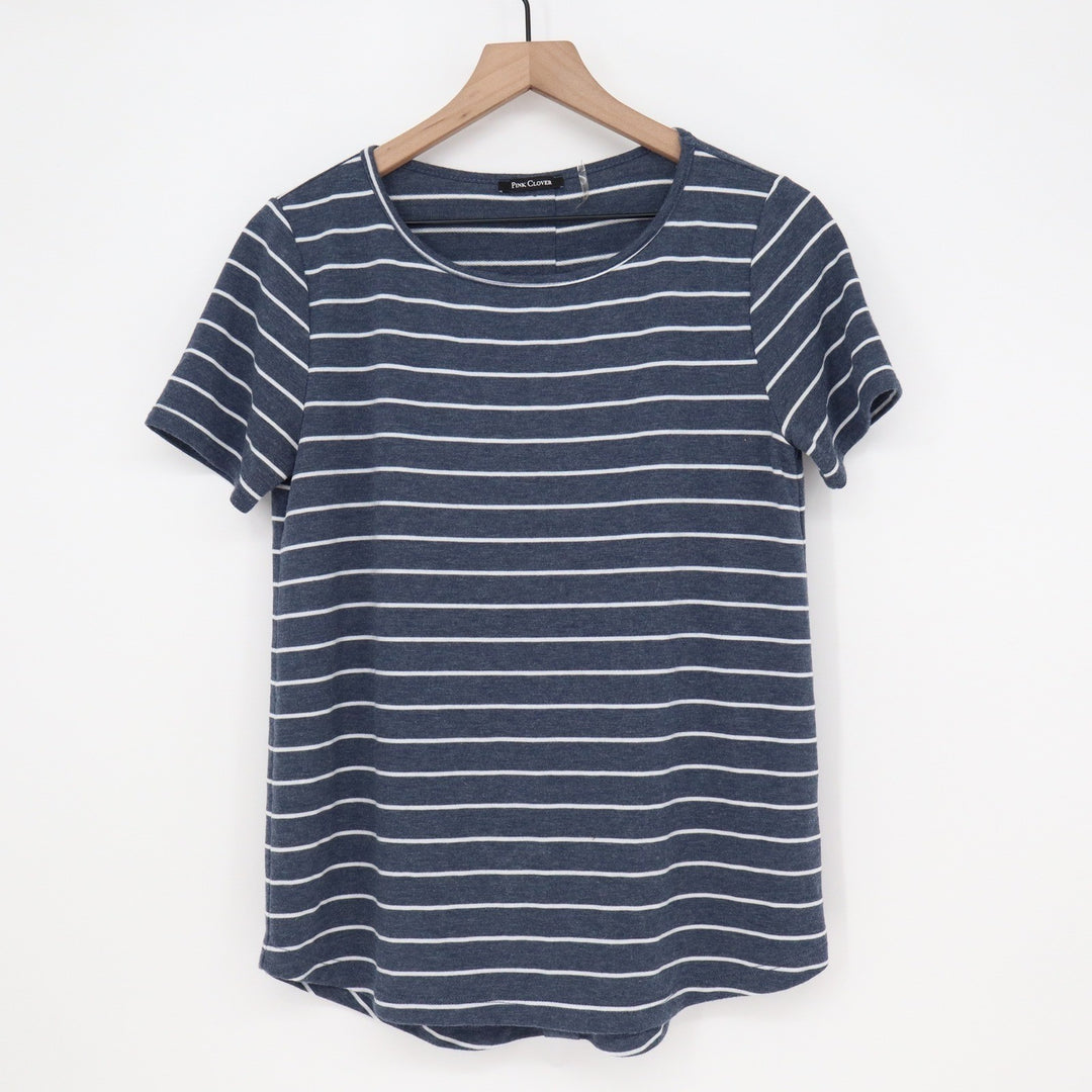 Pink Clover Knit Top Women's S Navy Blue Striped Button Back Excellent
