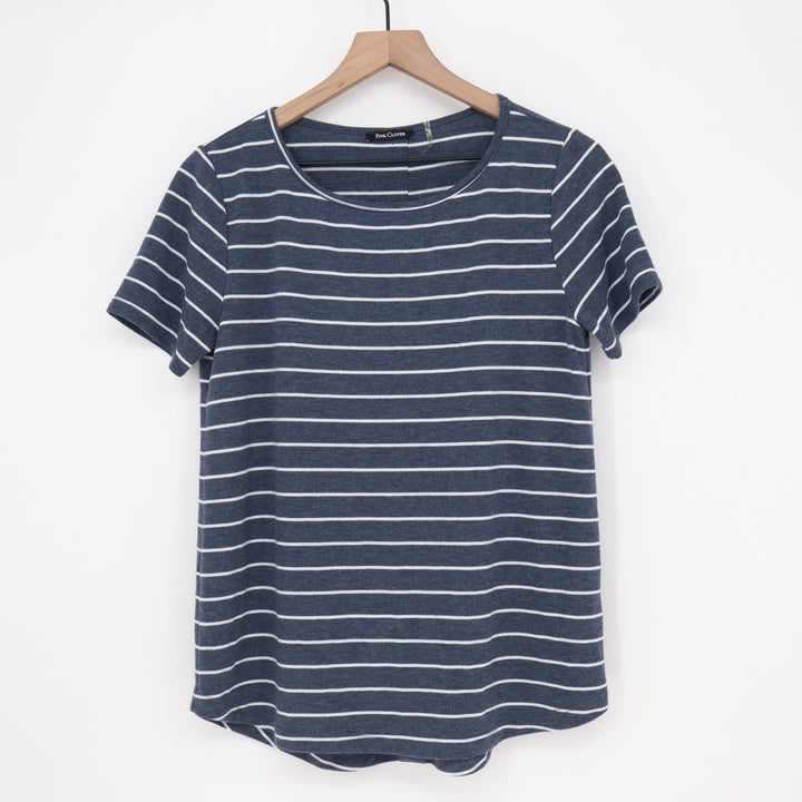 Pink Clover Knit Top Women's S Navy Blue Striped Button Back Excellent