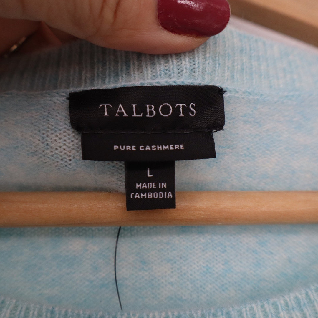 Talbots Pure Cashmere Crewneck Sweater Light Blue Heathered Knit Size L