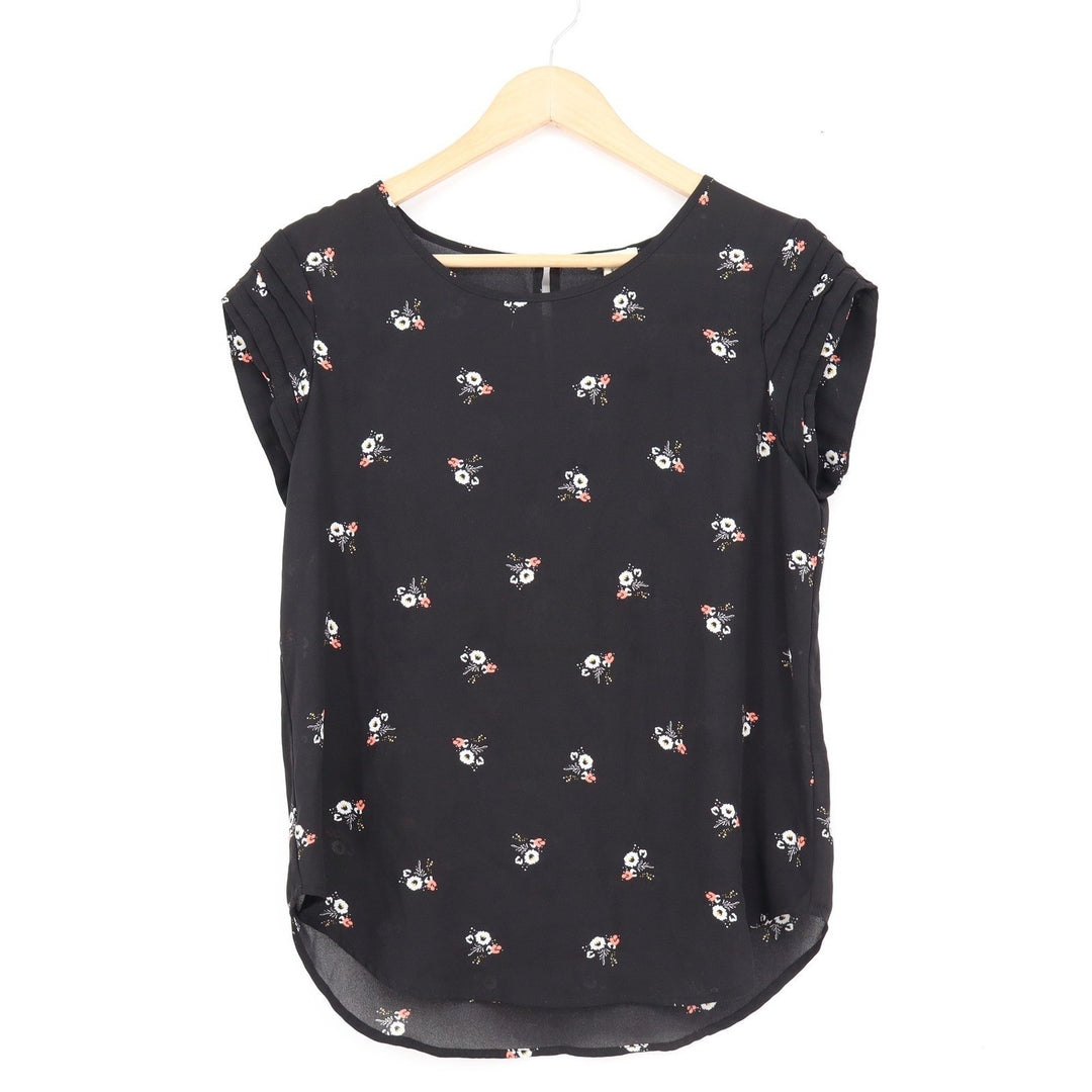 Lily White Black Floral Pleated Cap Sleeve Blouse Small