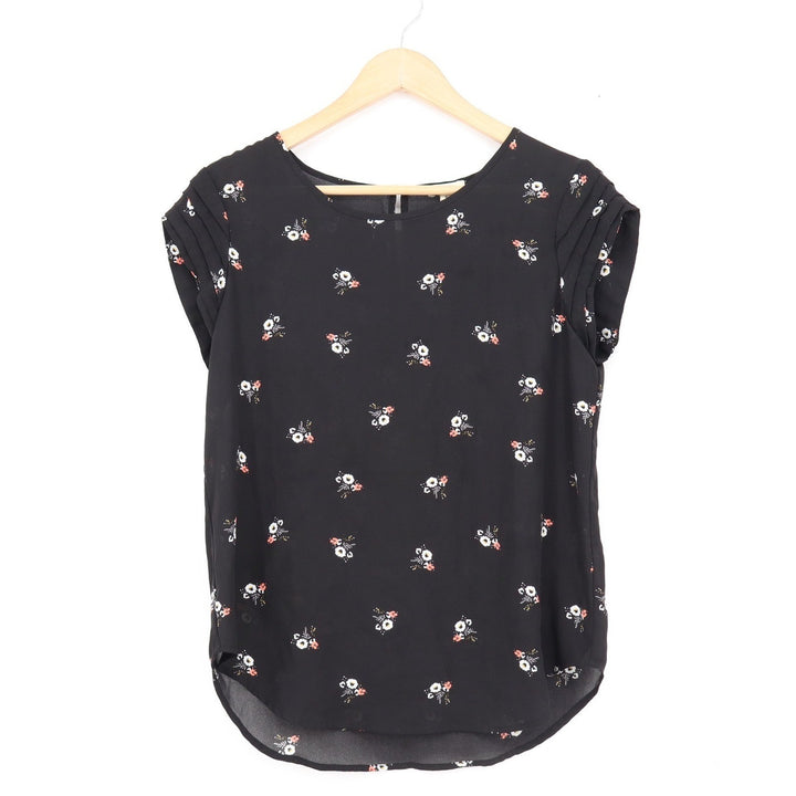 Lily White Black Floral Pleated Cap Sleeve Blouse Small