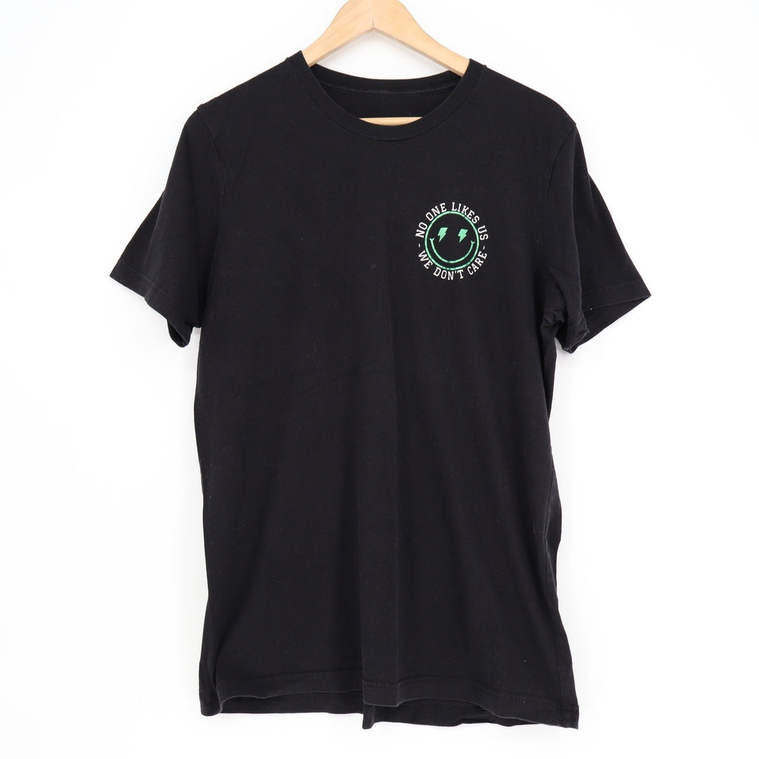 No One Likes Us We Dont Care Graphic T-Shirt Black Smiley Face Lightning Bolt L