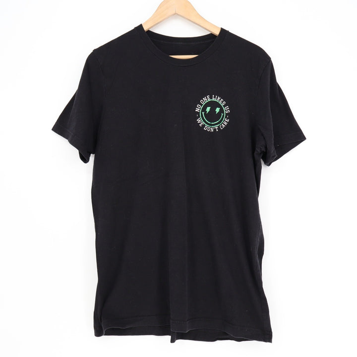No One Likes Us We Dont Care Graphic T-Shirt Black Smiley Face Lightning Bolt L