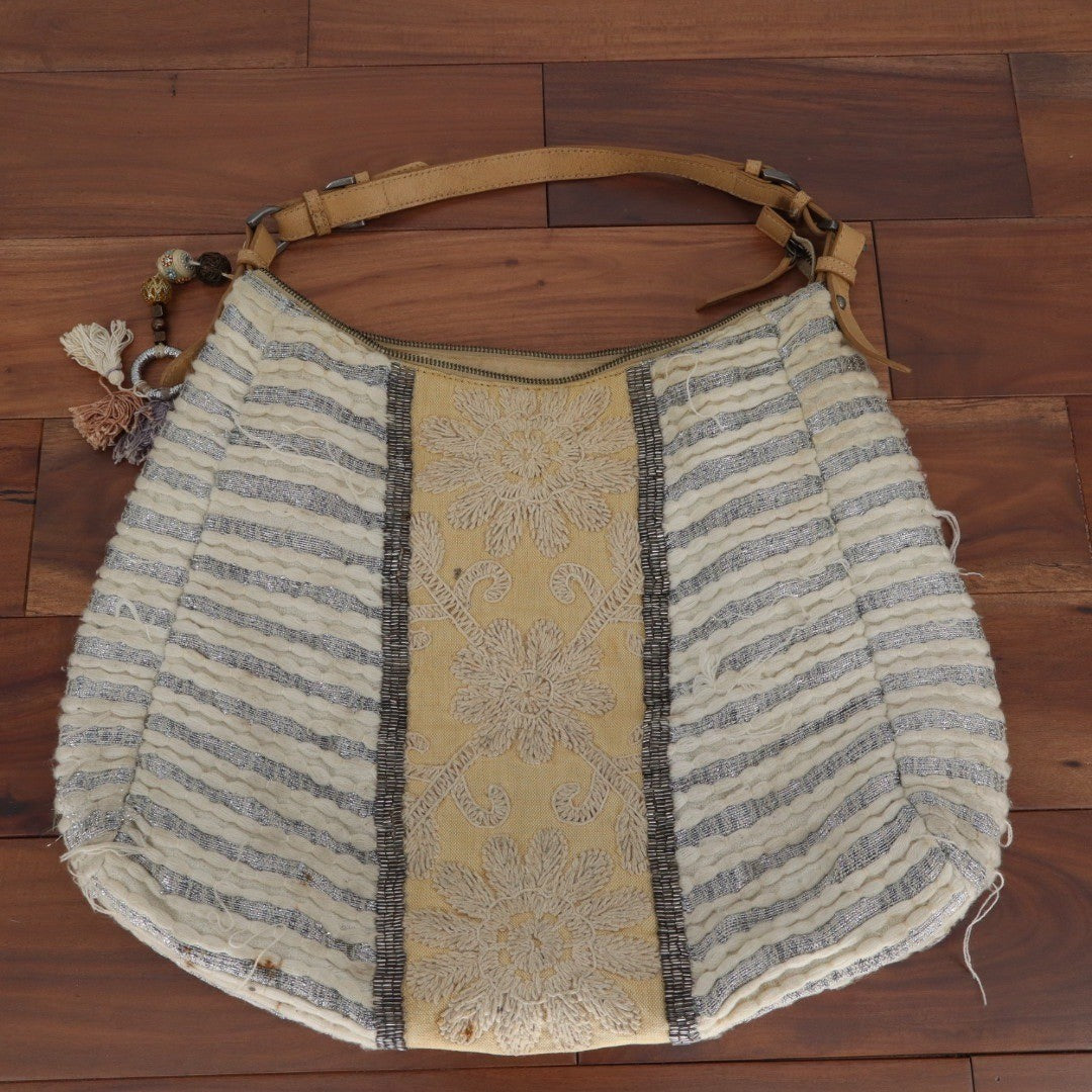 Jasper & Jeera Boho Fringe Beaded Cream Silver Striped Hobo Bag