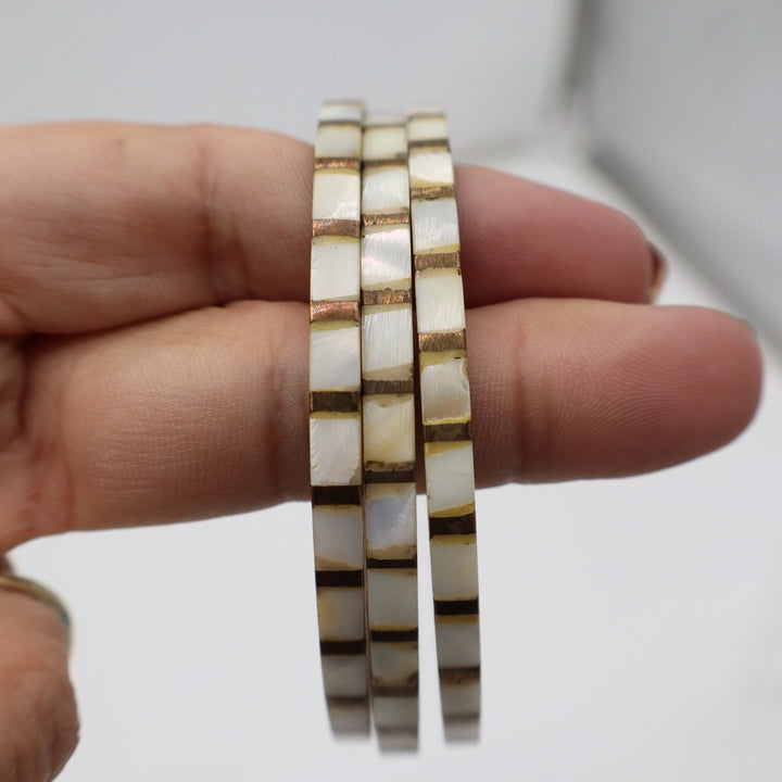 Vintage Brass Mother of Pearl Inlaid Bangle Bracelet Set of 3 Iridescent Boho