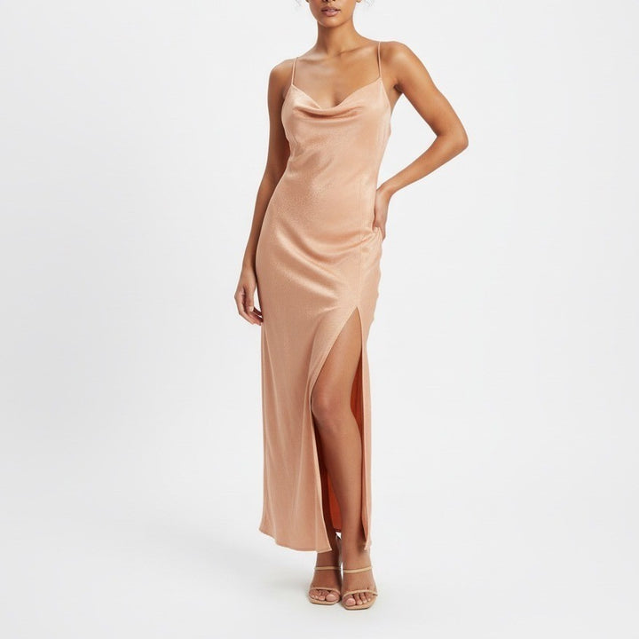 ASSENZA Satin Slip Dress Peach Cowl Neck Spaghetti Strap Tie Back Maxi