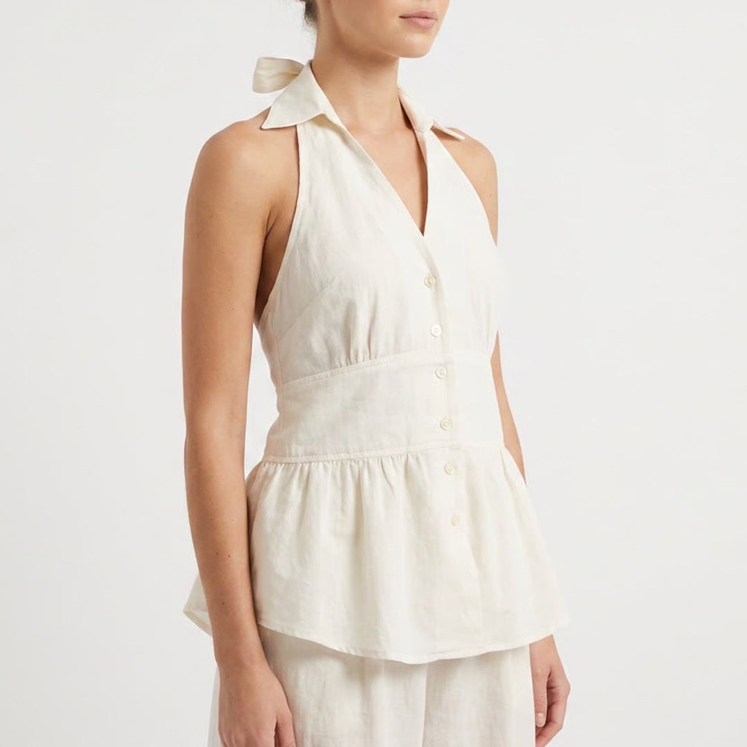 Nine West White Cotton Halter Peplum Top Button Front Collared Size 2