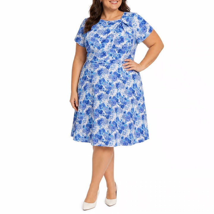 London Times Woman Blue Floral Pleated Neck Fit Flare Dress Plus Size 20W