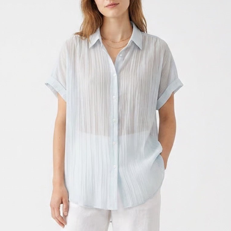 Ava & Viv Shirt Womens 1X Blue White Vertical Striped Short Sleeve Button Up