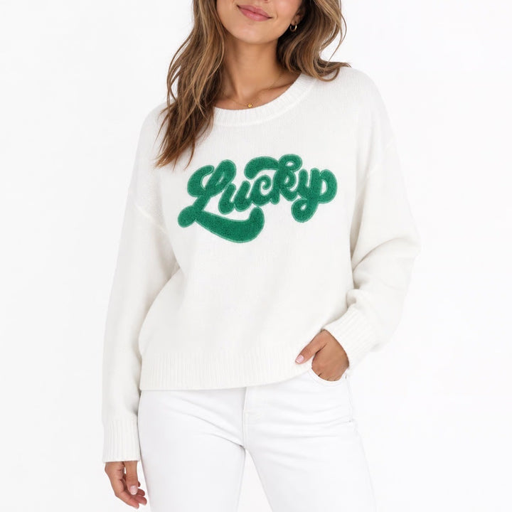 White Lucky Chenille Patch Graphic Knit Sweater Green Script Crewneck Large