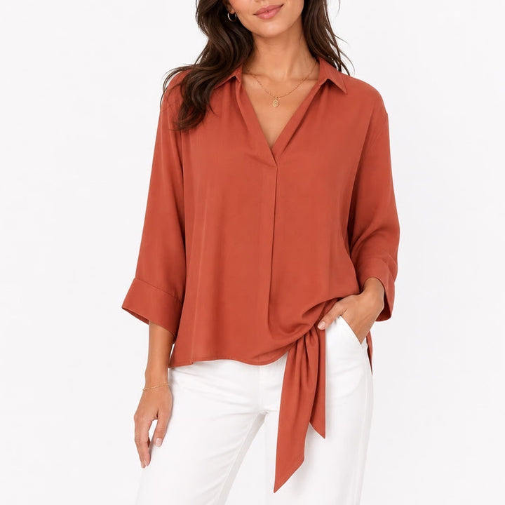 Forever 21 Contemporary Rust Terracotta Tie Back V-Neck 3/4 Sleeve Blouse Large