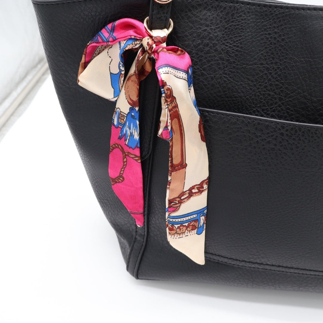 Black Faux Leather Tote Bag with Scarf Accent Gold Hardware Large Shoulder Purse
