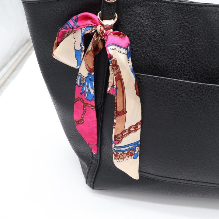 Black Faux Leather Tote Bag with Scarf Accent Gold Hardware Large Shoulder Purse