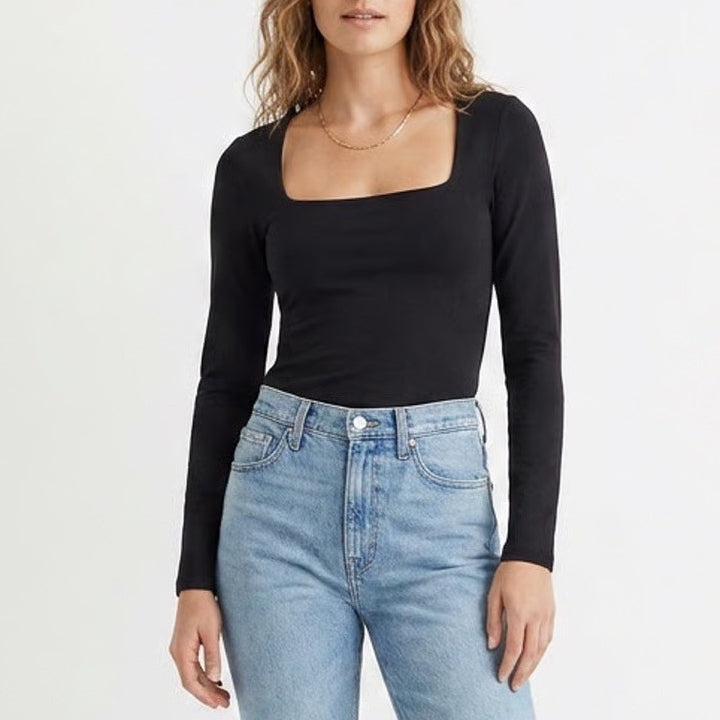 H&M Crop T-Shirt Womens Small Black Stretch Square Neck Long Sleeve Pullover