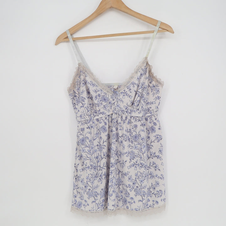Laura Ashley Blue Floral Lace Trim Camisole Top XL Empire Waist Adjustable Strap