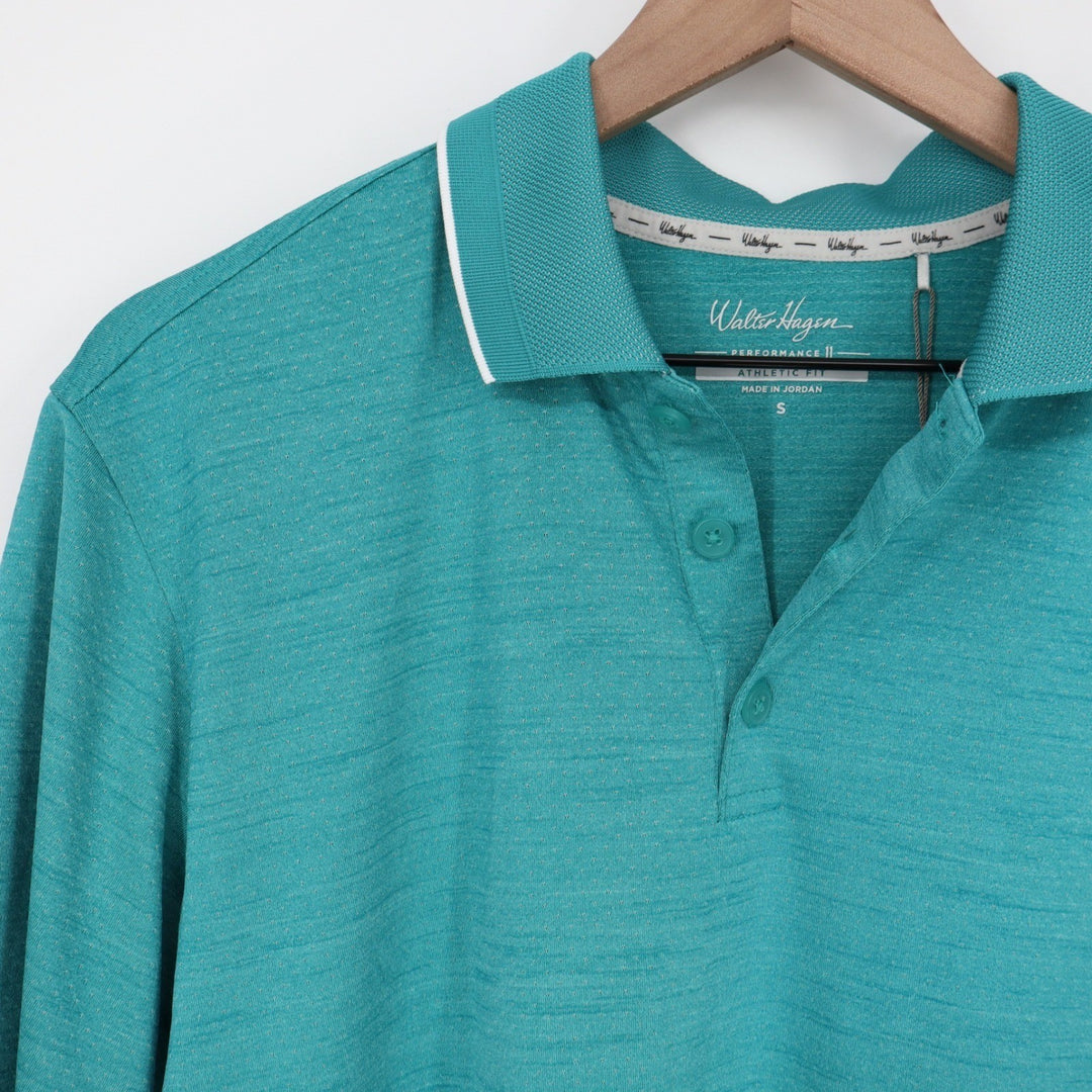 Walter Hagen Mens P11 Birdseye Athletic Fit Polo Shirt Aqua Blue Heather S NEW
