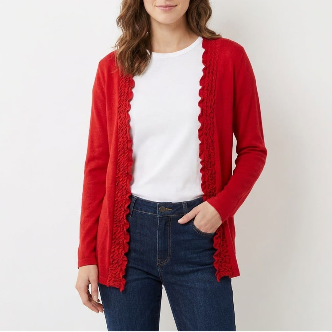 Lavish Red Ruffle Trim Open Front Cardigan Long Sleeve Lightweight Knit Sweater